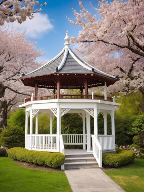 Un gazebo bianco di legno circondato da fiori di ciliegio in fiore