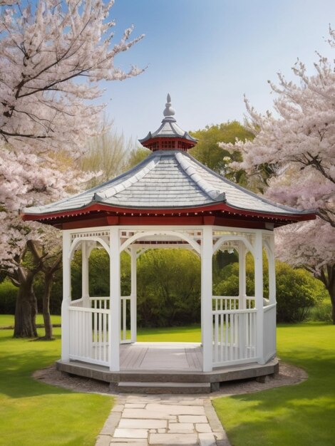 Un gazebo bianco di legno circondato da fiori di ciliegio in fiore