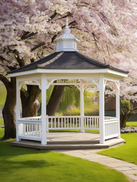 Un gazebo bianco di legno circondato da fiori di ciliegio in fiore