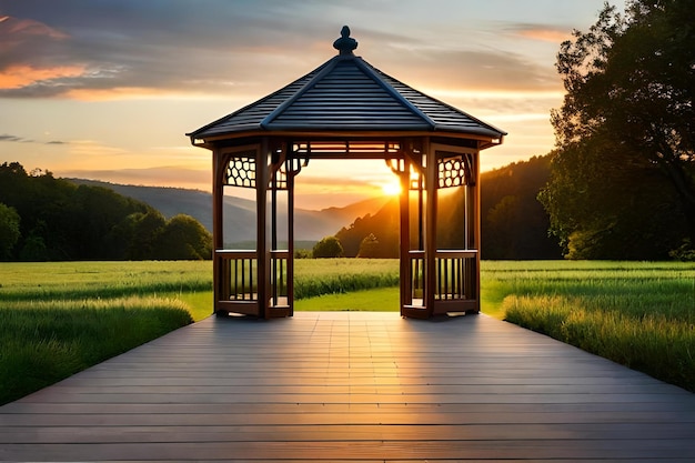 Un gazebo con un tramonto sullo sfondo