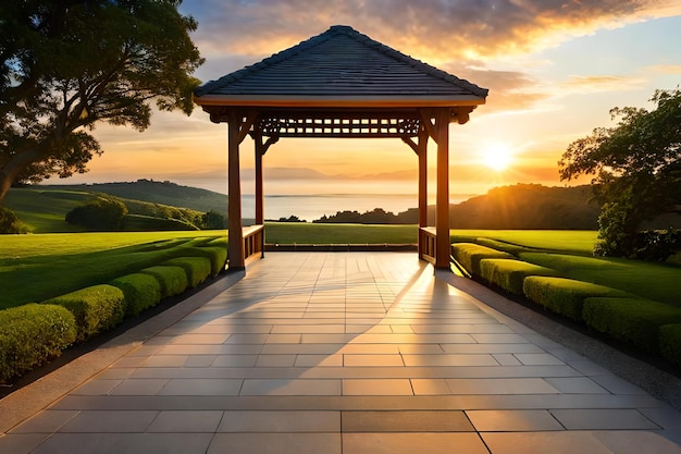 Un gazebo con vista sul tramonto