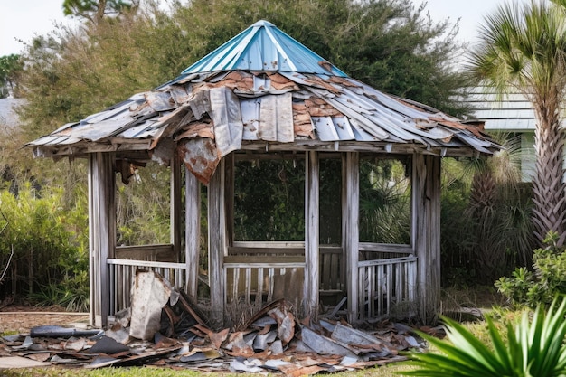 Un gazebo danneggiato con tegole del tetto mancanti creato con l'IA generativa