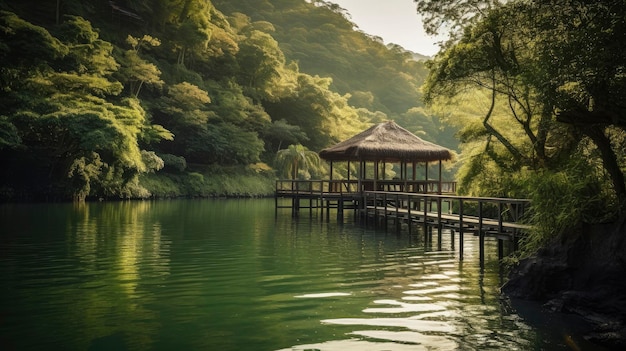 Un gazebo in legno su un lago con alberi sullo sfondo.