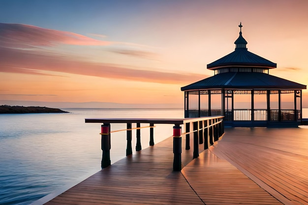 Un gazebo sul molo al tramonto con un bellissimo tramonto sullo sfondo.