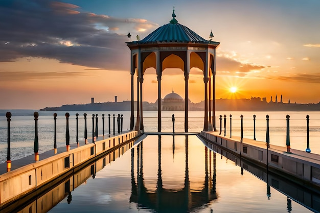 Un gazebo sull'acqua con vista sulla città sullo sfondo