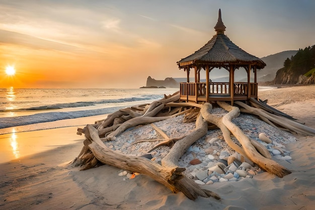 Un gazebo sulla spiaggia con vista sull'oceano e rocce sullo sfondo.