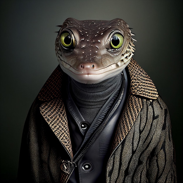 Un geco che indossa una giacca con su scritto "geco".