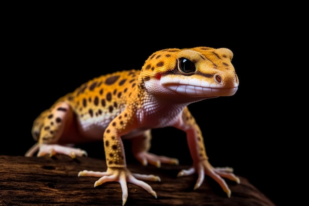 Un geco leopardo si siede su un tronco.