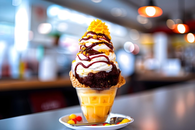 Un gelato al cioccolato con sopra una pallina di gelato al cioccolato.