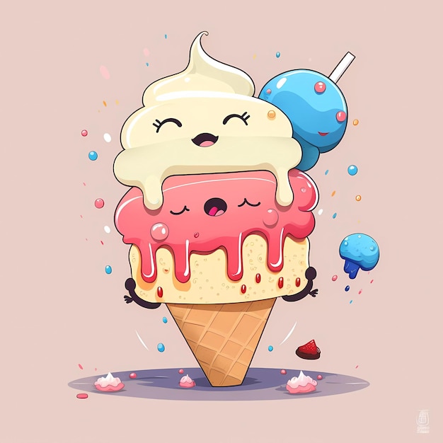 Un gelato cartone animato con una faccia e una faccina sorridente.