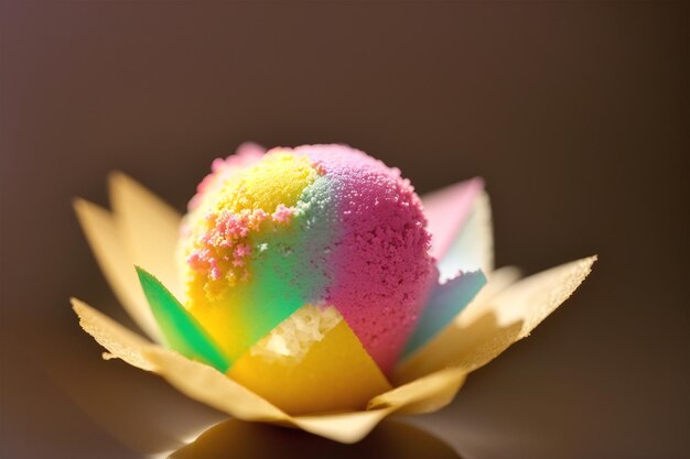 Un gelato colorato in una coppa di fiori gialli