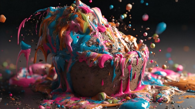 Un gelato con codette colorate schizzate sopra