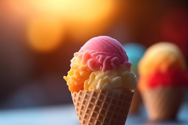 Un gelato da dessert con crema colorata in cima