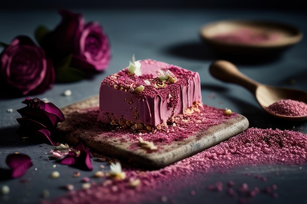 Un gelato rosa con fondo scuro e fiori viola.