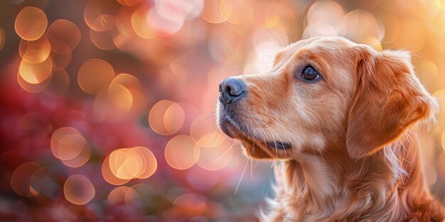 Un gentile cucciolo di golden retriever guarda contemplativamente in lontananza contro uno sfondo bokeh illuminato dal sole