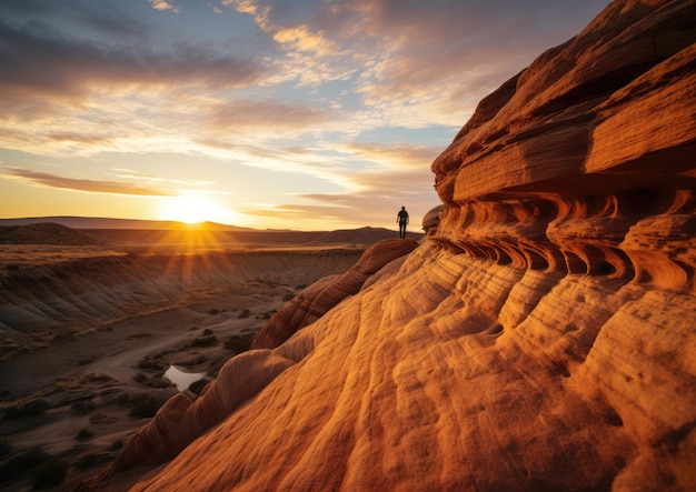 Un geologo che esamina una formazione rocciosa al tramonto catturando le calde tonalità dell'ora dorata con a