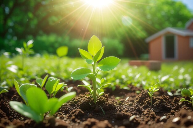 Un germoglio verde che cresce in giardino con il sole