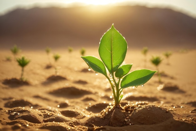 Un germoglio verde di un albero cresce solitario nel deserto ed è generativo