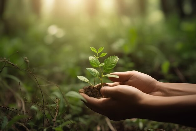 Un germoglio verde nelle palme umane Idea di concetto ecologico protezione dell'ambiente Giorno della Terra Naturale