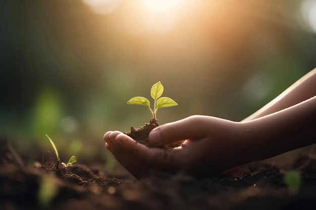 Un germoglio verde nelle palme umane Idea di concetto ecologico protezione dell'ambiente Giorno della Terra Naturale