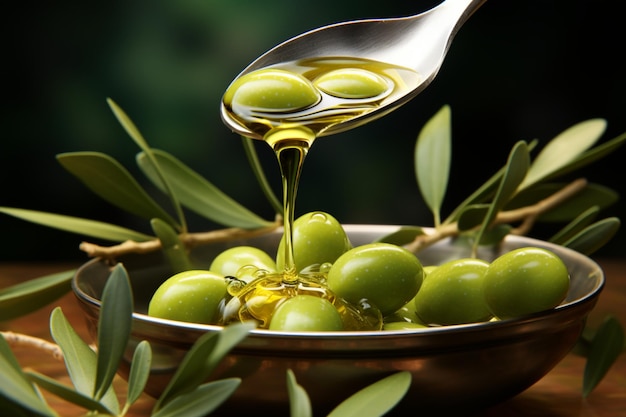 Un getto di olio d'oliva in mezzo a un elegante ramo d'olivo e un cucchiaio