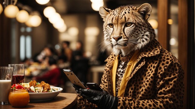 Un ghepardo alla moda in abiti da designer che ordina la consegna di cibo da un'app per smartphone