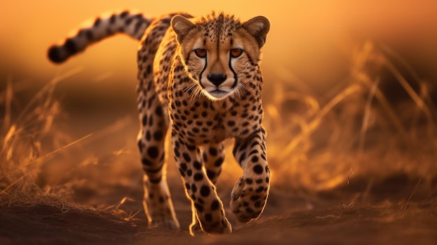 Un ghepardo che corre al tramonto