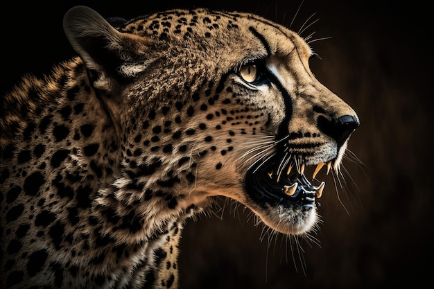 Un ghepardo con la bocca aperta e uno sfondo scuro.