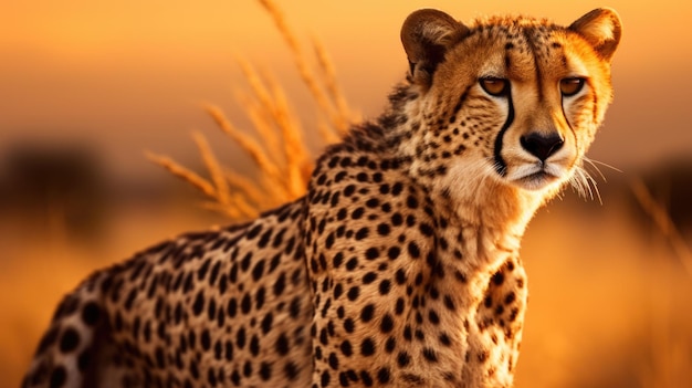 Un ghepardo è in piedi nell'erba al tramonto.