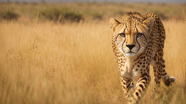 Un ghepardo furtivo che si aggira furtivo attraverso le praterie della savana con gli occhi fissi sulla sua ignara preda