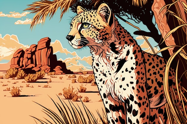 Un ghepardo nel deserto con uno sfondo blu.