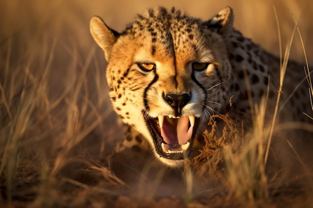Un ghepardo nell'erba con la bocca aperta