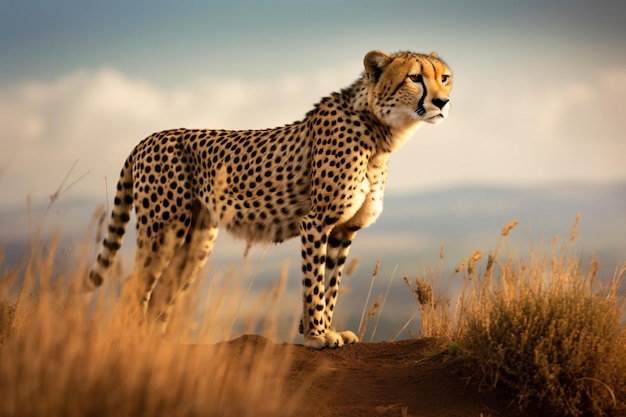 Un ghepardo si erge su una collina nella savana africana.