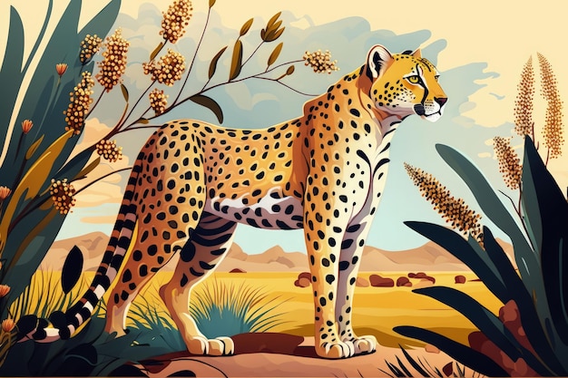 Un ghepardo si trova in un deserto con uno sfondo di piante e fiori.