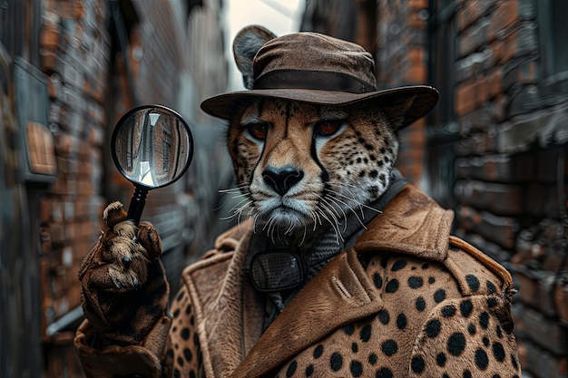 Un ghepardo vestito da detective che indaga su un mistero in un vicolo in stile noir con una lente d'ingrandimento