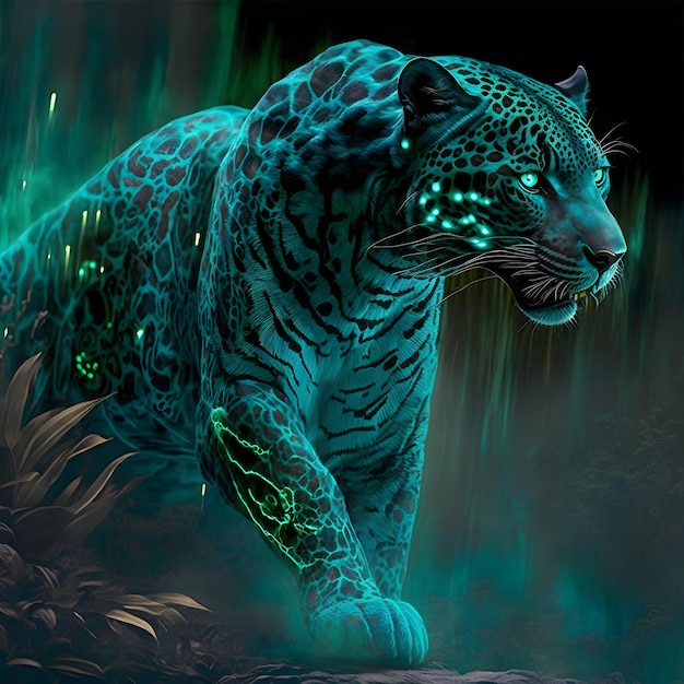 Un giaguaro blu e nero con un occhio luminoso.