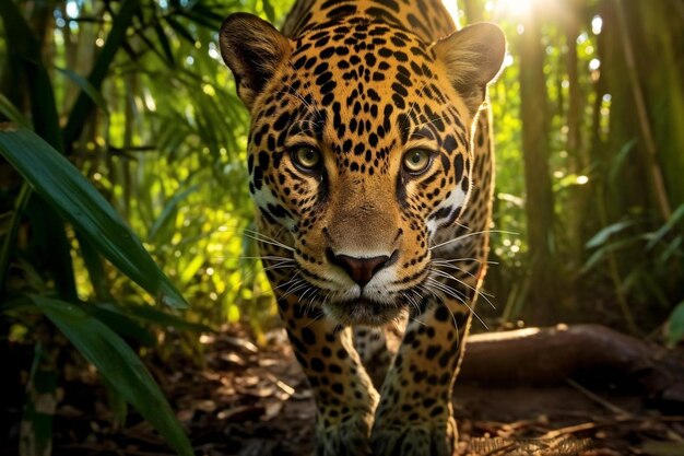 Un giaguaro che vaga in una foresta pluviale sudamericana