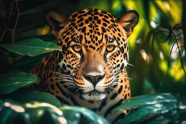 Un giaguaro nella giungla con foglie verdi