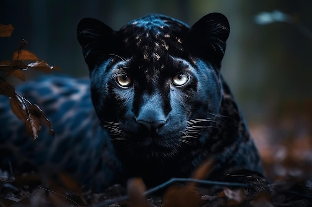Un giaguaro nero con gli occhi azzurri giace nell'oscurità.