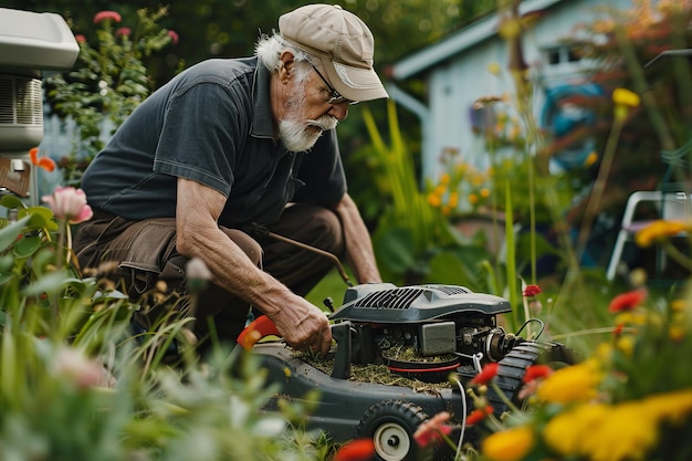 Un giardiniere che ripara un tosaerba evidenzia l'esperienza nella riparazione delle attrezzature per il prato