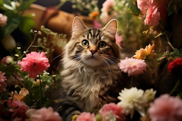 Un giardiniere felino che cura un giardino fiorente