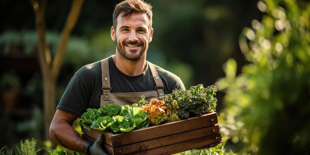 Un giardiniere gioioso tiene con orgoglio una cassa di verdure fresche coltivate con cura e impegno. Il raccolto è il loro orgoglio. AI Generativa