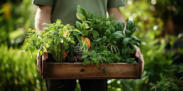 Un giardiniere gioioso tiene con orgoglio una cassa di verdure fresche coltivate con cura e impegno. Il raccolto è il loro orgoglio. AI Generativa