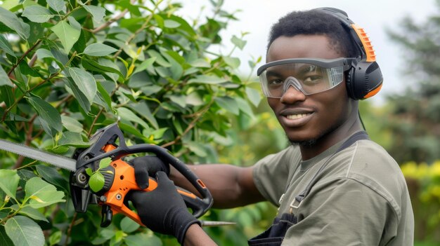 Un giardiniere in uniforme taglia cespugli. Un uomo afroamericano con occhiali e cuffie lavora in GA.