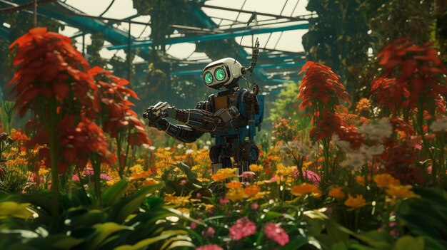 Un giardiniere robot alimentato da IA che coltiva fiori pixelati in un Eden virtuale