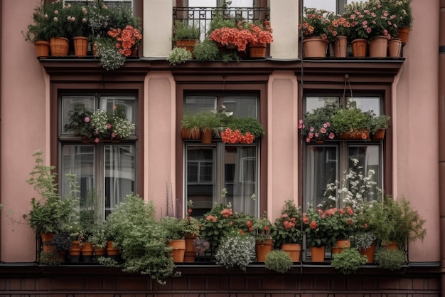 Un giardino a finestra con fiori e erbe in fiore su un balcone in città creato con ai generativo