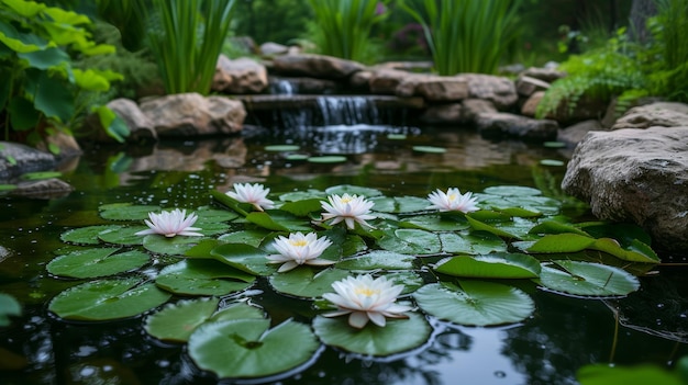 Un giardino acquatico con gigli e piante acquatiche che crea un'oasi tranquilla con stagni riflettenti