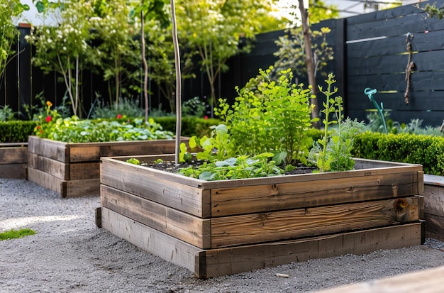 un giardino aiuola rialzata con due cassette di legno al centro