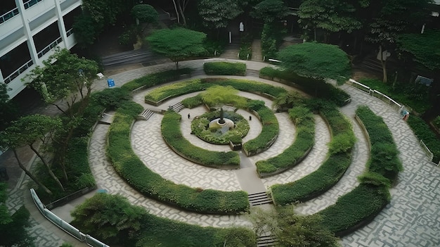 Un giardino architettonico artistico a cerchio verde e un luogo dove rilassarsi al centro dell'edificio