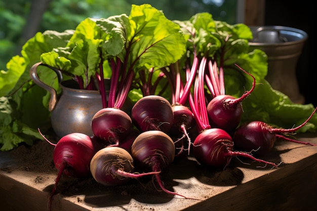 Un giardino biologico abbondante produce barbabietole vibranti Concetto di giardinaggio raccolto biologico Verdure vibranti Barbabietole abbondanti